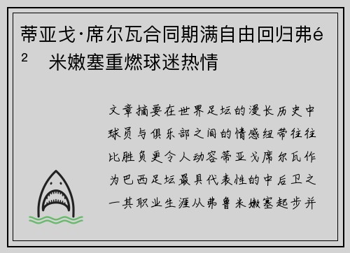 蒂亚戈·席尔瓦合同期满自由回归弗鲁米嫩塞重燃球迷热情
