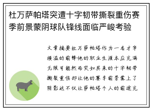 杜万萨帕塔突遭十字韧带撕裂重伤赛季前景蒙阴球队锋线面临严峻考验