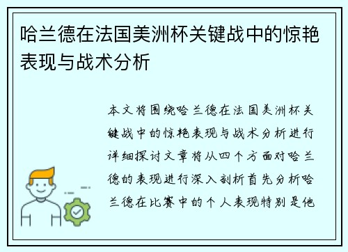 哈兰德在法国美洲杯关键战中的惊艳表现与战术分析