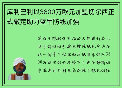库利巴利以3800万欧元加盟切尔西正式敲定助力蓝军防线加强